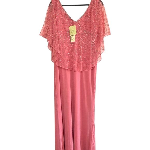 NWT J Kara Women's Geometrical Capelet Beaded Maxi Dress Coral v neck sz 18‎ - Picture 4 of 13